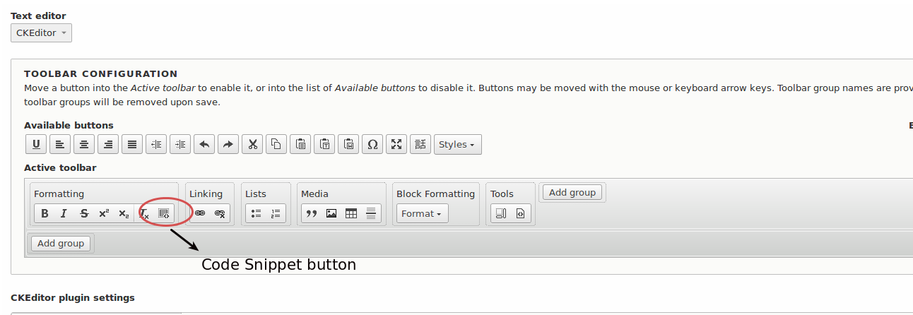 Code Snippet CKEditor button